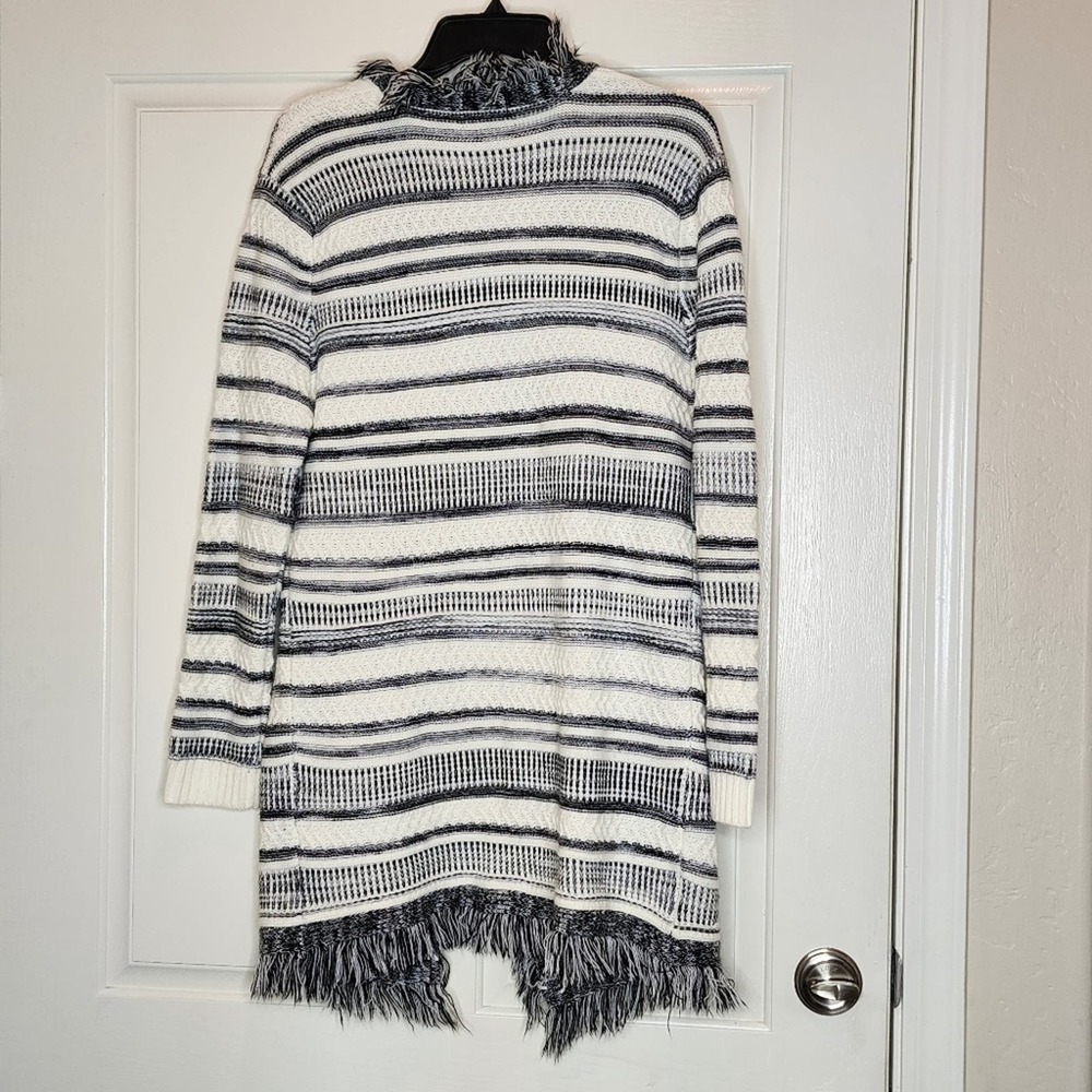 Very J open front fringe striped cardigan, gray and white, size small - Picture 2 of 6